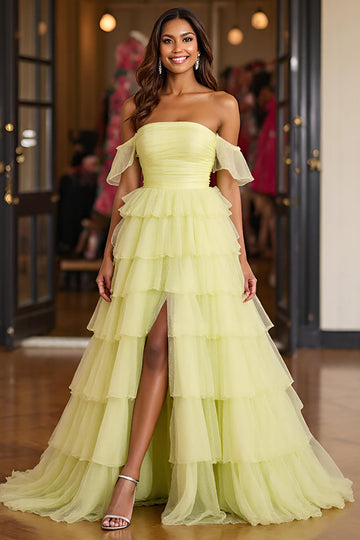 Lemon Yellow Tulle Tiered Ball Gown Off the Shoulder Long Formal Dress with Slit